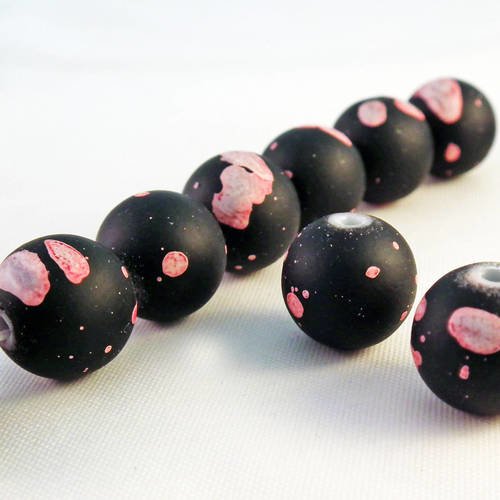 Pmc18 - 2 perles en verre rare texture mat noir rose pois motifs de 12mm de diamètre exceptionnel 