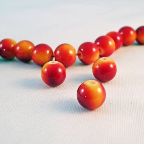 Pdl131 - 5 perles en verre teintes jaune rouge orange orangé motifs cosmique de 8mm de diamètre rare 