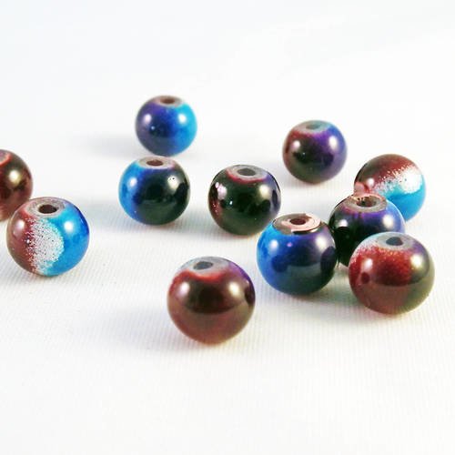 Pdl102 - 5 perles en verre teintes bleu marron motifs cosmique de 8mm de diamètre rare 