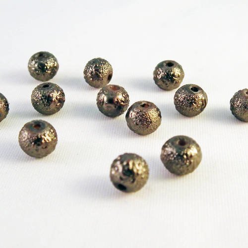 Pdl23 - 10 perles rondes à motifs texture et teintes électriques bronze à reflets effet pierre de lave 