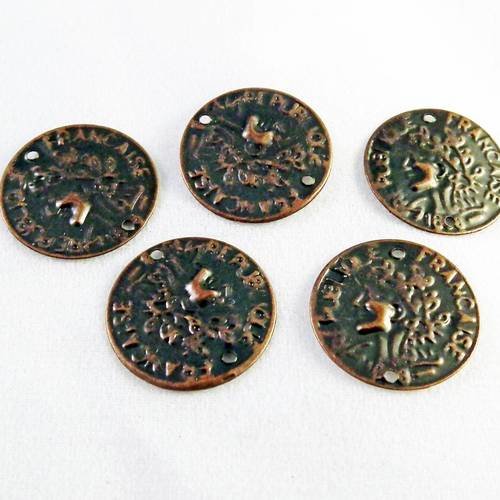 Bm13 - lot de 5 breloques connecteurs 2 trous médaille médaillon charm pièce de monnaie république française rouge cuivré cuivre 