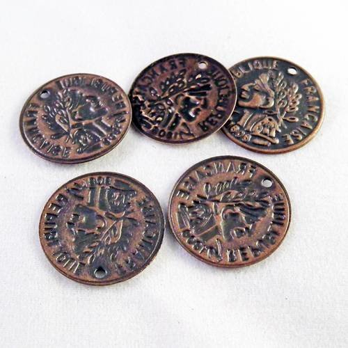 Bm14 - lot de 5 breloques pendentifs médaille médaillon charm pièce de monnaie république française rouge cuivré cuivre