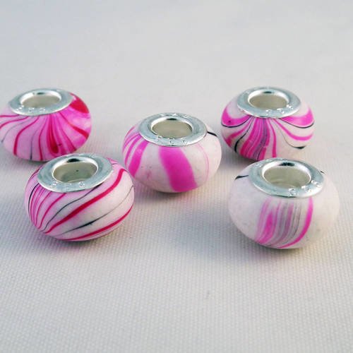 Pdl120 - lot de 5 perles à motifs teintes de rose fuchsia et blanc de style pandora de 14mm x 8mm. 