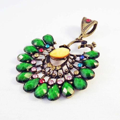 Grande breloque pendentif paon fleur coloré verre et strass bélière bronze à strass incluse 7.5cm x 5.5cm 