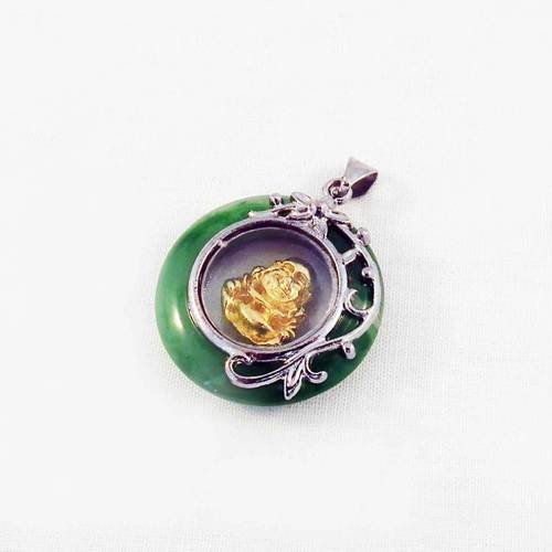 Bz78 - magnifique breloque pendentif médaillon vert à motifs argentés avec buddha chanceux doré rotatif et bélière incluse 