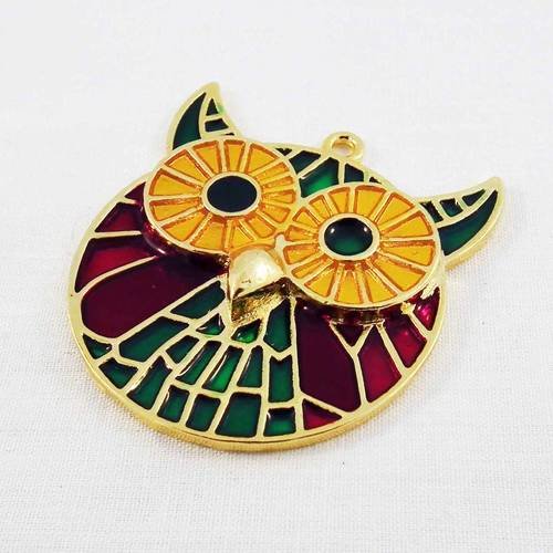 Superbe breloque grand hibou en émail multicolore grand yeux noir de couleur doré 
