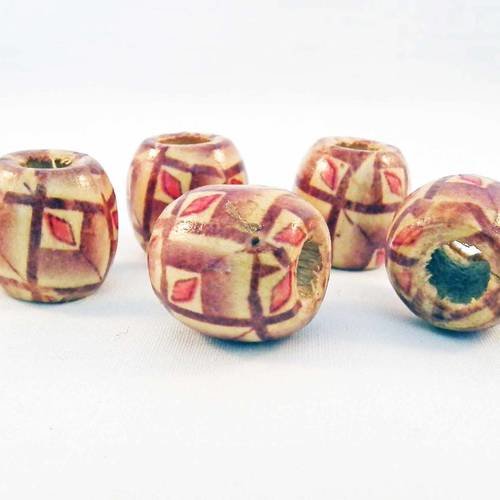 Pbb02 - 5 perles tonneau en bois olive à motifs imprimés de 16mm 