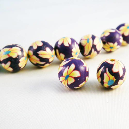 Pfh02 - lot de 2 perles en polymère finit mat doux effet caoutchouc de 10mm à motifs fleuris fleurs hawaï mauve 