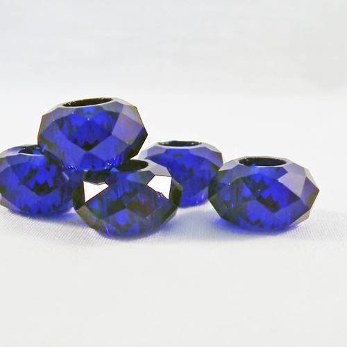 Pdl128 - 5 perles précieuses bleu foncé rondelles de 14mm en verre cristal facettes à reflet 