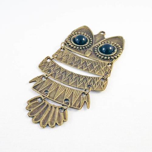 Grande breloque pendentif en forme de hibou à franges yeux cristal strass noir de couleur bronze 