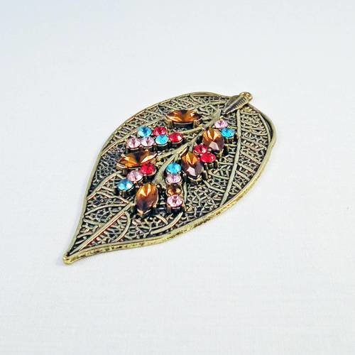 Superbe breloque grand pendentif motif feuille avec cristal strass de couleurs mixtes 
