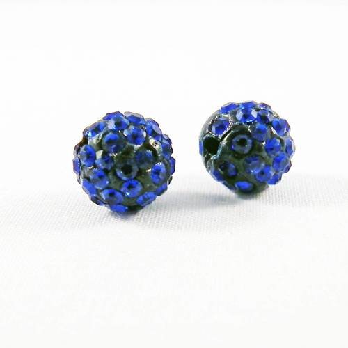 Psh13 - lot de 2 perles rondes 10mm en cristal de qualité disco shamballa strass de couleur bleu foncé 