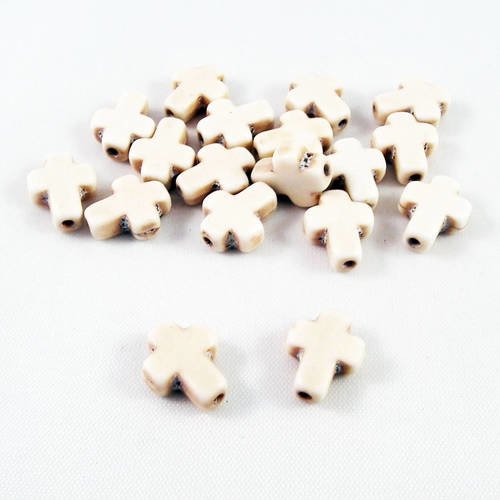 Phw21w - lot de 2 perles miniatures connecteurs howlite croix de couleur beige blanc écru de 10x8x3mm. 