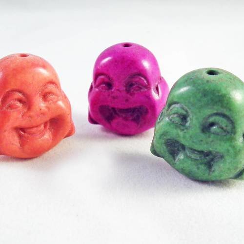Magnifique lot de 3 grandes breloques pendentifs connecteurs howlite buddha zen happy 2cm de couleurs mixtes 