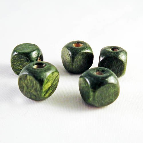 Pbb32 - lot de 5 perles en bois vert olive kaki carrées cube cubiques de 8mm x 8mm 