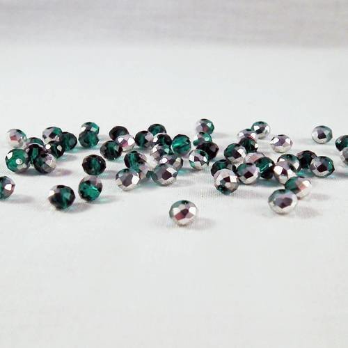 Psw42 - 100 perles précieuses 4x3mm en verre cristal deux couleurs argenté et vert bicolore 