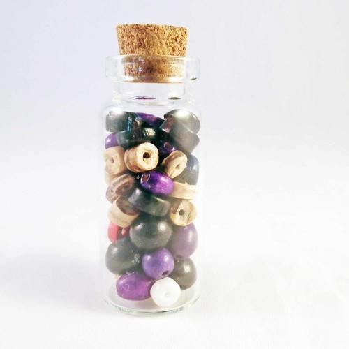 Fiole en verre et bouchon en liège de 50mm x 20mm avec perles en bois mixtes 