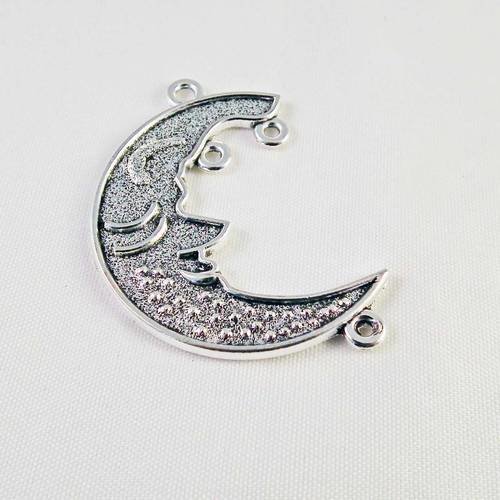Bdp104 - grand pendentif breloque demie lune soleil visage sourire argent vieilli connecteur 4 trous 