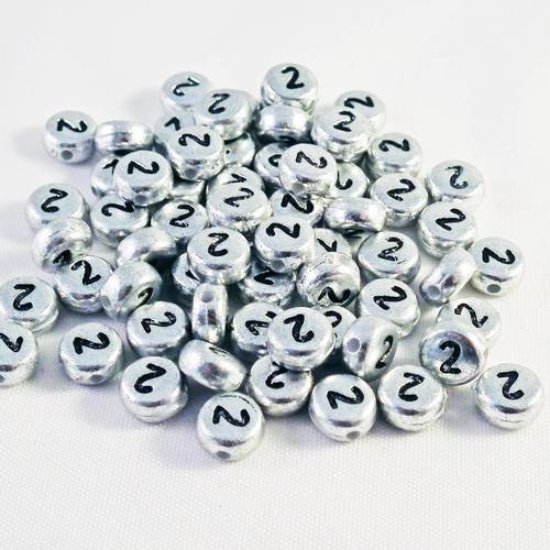 Nl08 - lot de 5 perles chiffre numéro 2 de 7mm de couleur argent métallique 