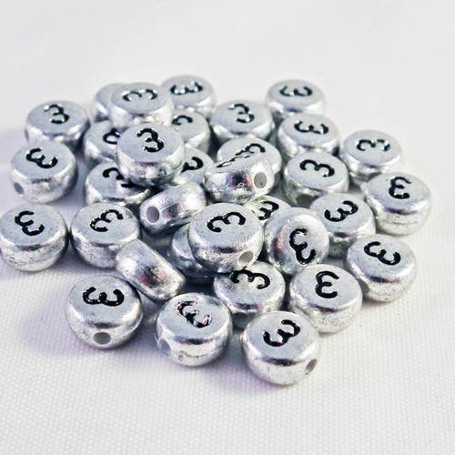 Nl09 - lot de 20 perles chiffre numéro 3 de 7mm de couleur argent métallique 