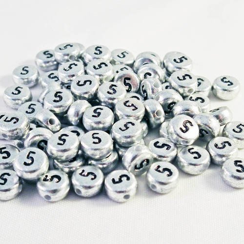 Nl11 - lot de 20 perles chiffre numéro 5 de 7mm de couleur argent métallique 