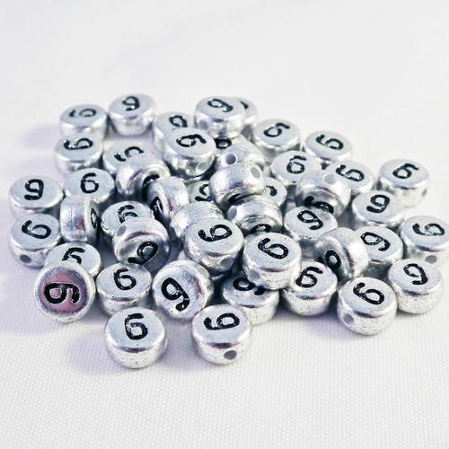 Nl14 - lot de 20 perles chiffre numéro 6 de 7mm de couleur argent métallique 