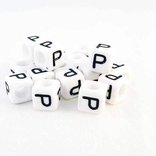 Nl30 - 1 perles alphabet lettre p en acrylique cubiques cubes de couleur blanc et noir 