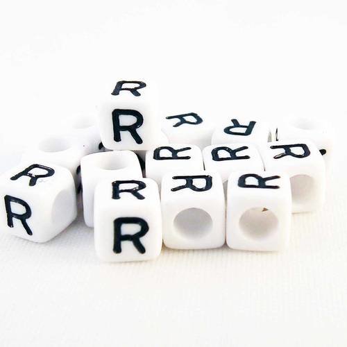Nl32 - 1 perles alphabet lettre r en acrylique cubiques cubes de couleur blanc et noir 