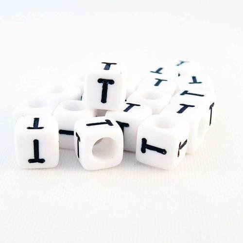 Nl34 - 1 perles alphabet lettre t en acrylique cubiques cubes de couleur blanc et noir 