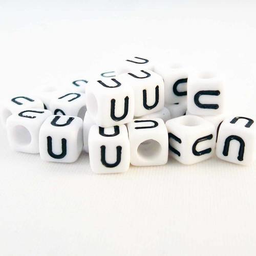 Nl35 - 1 perles alphabet lettre u en acrylique cubiques cubes de couleur blanc et noir 