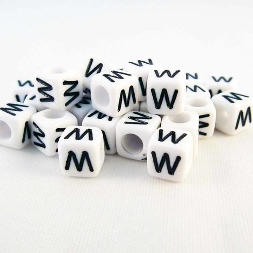 Nl37 - 1 perles alphabet lettre w en acrylique cubiques cubes de couleur blanc et noir 