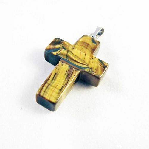 Magnifique breloque pendentif croix en pierre oeil de tigre avec bélière 