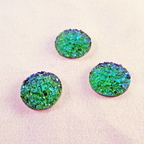 Lot de 3 cabochons en résine à strass paillettes de 12mm de couleur vert 