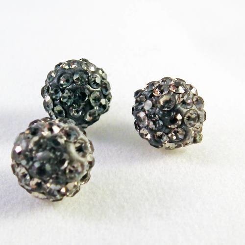 Psh07 - lot de 3 perles rondes 10mm en cristal de qualité disco shamballa strass de couleur gris 