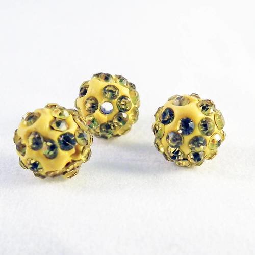 Psh05 - lot de 3 perles rondes 10mm en cristal de qualité disco shamballa strass de couleur jaune 