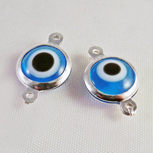 Ct68 - lot de 2 breloques pendentifs connecteurs forme oeil bleu en verre 