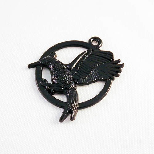 Ba21 - breloque pendentif médaillon oiseau de couleur noir vintage 