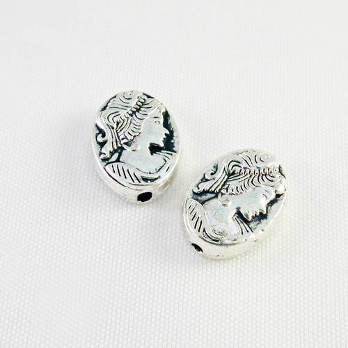 Lot de 2 perles intercalaires argent vieilli à motifs dame femme reine vintage 