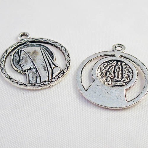 Btr04r - lot de 2 breloques pendentifs médaille médaillon religieux église vierge marie 
