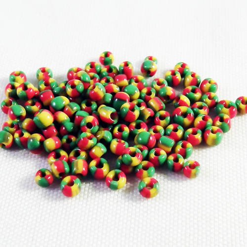 Pro03 - lot de 10 mini perles de rocaille en verre couleurs jamaïque vert rouge jaune bob marley peace & love 