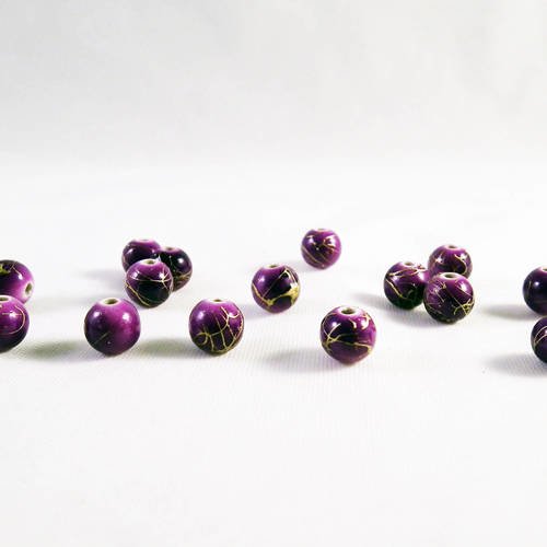 Pac54 - 5 perles rondes violette à motifs en acrylique de 6mm de diamètre