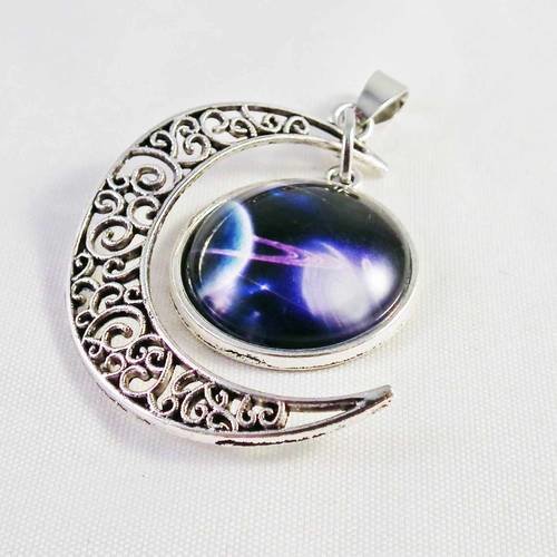 Breloque pendentif cabochon motif lune argent vieilli et galaxies étoiles avec bélière 