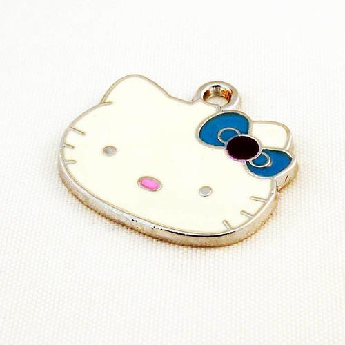 Breloque pendentif chat noeud boucle couleur rose bleu blanc en émail 