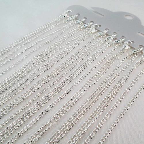 Lot de 12 colliers à chaîne maille argenté 2mm x 3mm avec fermoir à mousqueton, longueur 41cm 