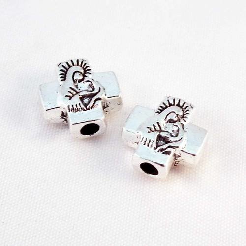 Lot de 2 perles en forme de croix motif vierge marie, argent vieilli, 13mm x 12mm 