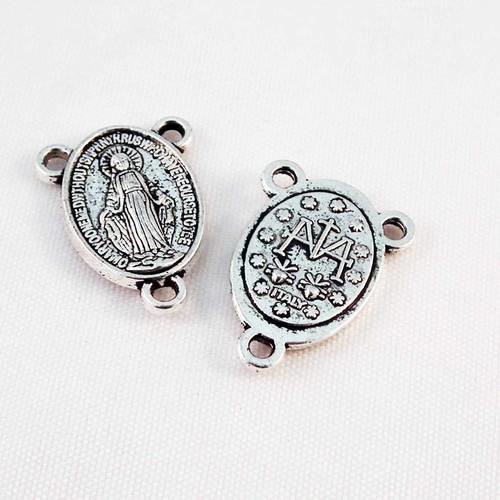 Btr11 - lot de 2 breloques pendentifs médaille médaillon croix religieux connecteur 3 trous vierge marie 