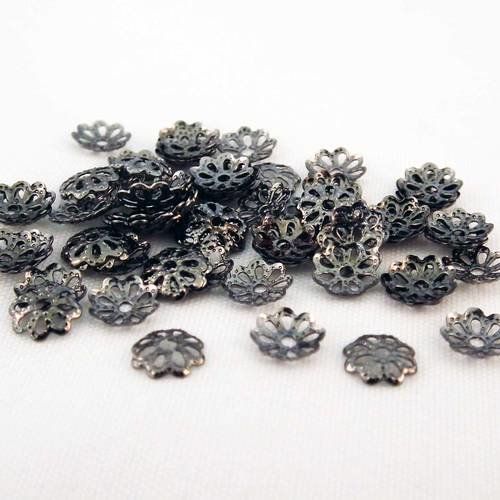 Cc06 - 10 calottes gris noir gunmetal en forme de fleur 6mm de diamètre 