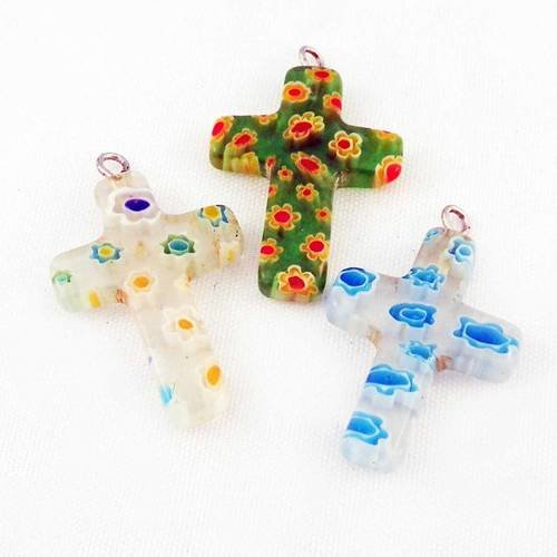 Bc43 - lot de 3 perles croix en verre millefiori lampwork de 26mm à motifs fleuris fleurs 