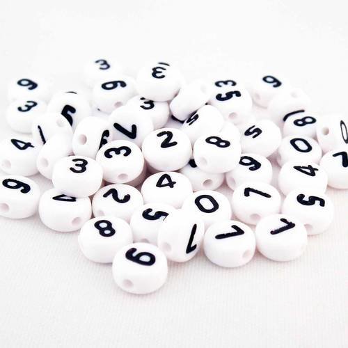 Lot de 10 perles blanches numérotées de 0 à 9 de 7mm 