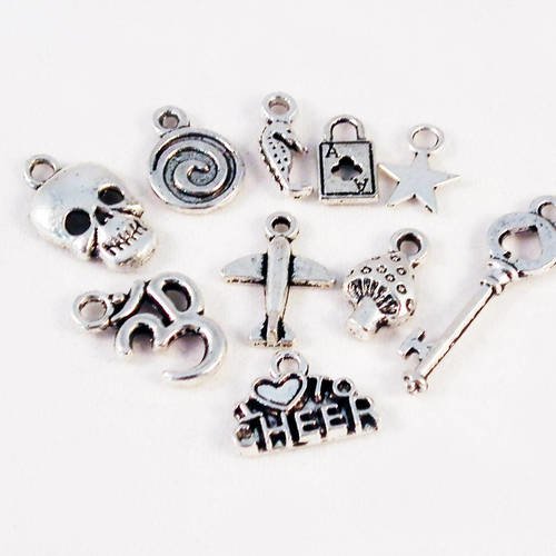 Lot de 10 breloques miniatures mixtes argent vieilli moyenne de taille de 10mm 